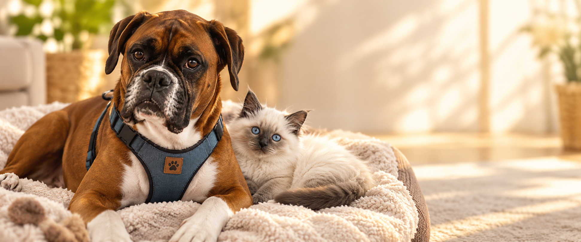 A boxer dog and a kitten relaxing together on a soft blanket